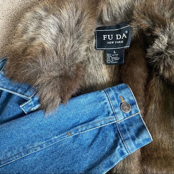 90s Vintage Blue Demin / Fur Jacket FUDA NEW YORK - Picture 3 of 4